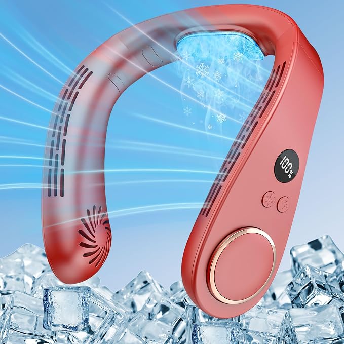 Neck Fan with Cooling Plate, Rechargeable 5500mAh Battery Operated, LED Displays & 5 Speeds Settings Neck Air Cooler, Hands Free Wearable No Blade Necklace Fan for Kids Men Women Outdoor Indoor, Red