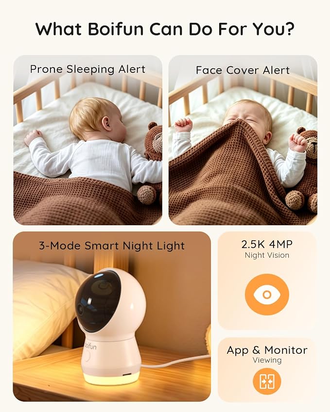 BOIFUN AI Baby Monitor with Camera and Audio, Safety Alerts (Tummy Sleeping & Face Area), WiFi Smartphone APP Control, Colorful Night Light, 2K HD Night Vision, Motion & Cry Detection, Two-Way Talk