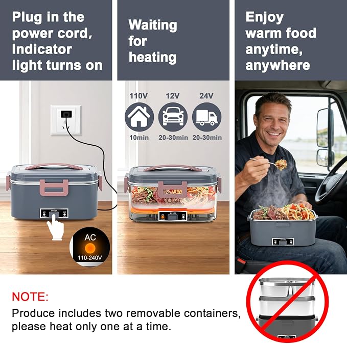 IFENROL Electric Heated Lunch Box for Adults with 1.8L Container, ON/OFF Power Switch & 0.6L Double Layer, Portable 100W 3-IN-1 Fast Heating Food Warmer for Men, 12V/24V/110V for Car Truck Office