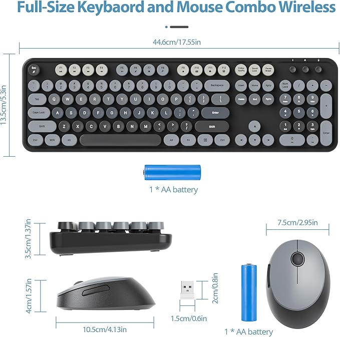 Fogruaden Black Keyboard and Mouse Wireless, Retro Typewriter Keyboard, 2.4GHz 104 Keys Full Size Cute Keyboard with Number Pad, Gradient Colorful Round Keycaps for Windows PC Desktops Laptop