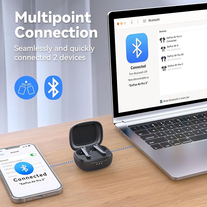 EarFun Air Pro 3 Noise Cancelling Earbuds, Qualcomm® aptX™ Adaptive Sound, 6 Mics CVC 8.0 ENC, Bluetooth 5.3 Earbuds, Multipoint Connection, 45H Playtime, App Customize EQ, Wireless Charging