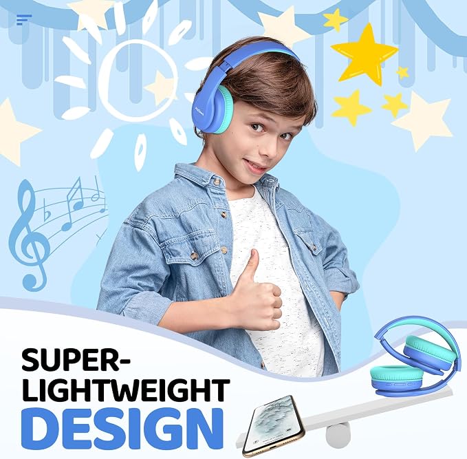 JoySpark Kids Bluetooth Headphones, Lightweight Wireless Headphones for Kids, 85/94dB Volume Limited, 60 Hours Playtime, Bluetooth 5.3, Over-Ear Toddler Headsets with Built-in Mic-Blue