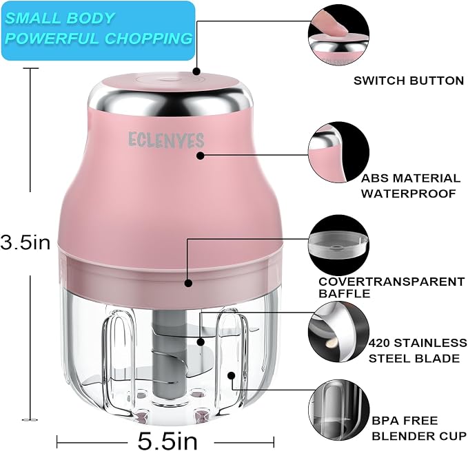 2Pcs 250ML Electric Garlic Chopper, Mini Portable Veggie Chopper, Garlic Grinder Masher Onion Chopper, Blender to Vegetable, Wireless Food Processor for Ginger, Chili, Fruit, Meat, etc