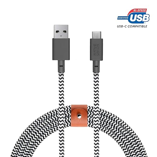 Native Union Belt Cable XL USB-A to USB-C - 10ft Ultra-Strong Charging Cable with Leather Strap for iPhone 17/17 Pro/17e, iPhone Air, Galaxy S26/S25, Z Fold 7/Flip 7, Pixel 10 Pro, iPad Pro (Zebra)