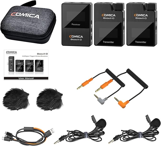 COMICA BoomX-D2 Wireless Lavalier Microphone for iPhone, Android Camera, Dual Lapel Mic System with 2 Transmitters, 656ft Stable Range, Noise Cancelling, Ideal for Vlog, YouTube, Content Creators