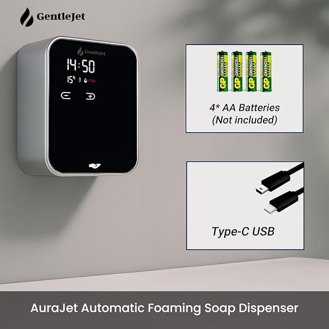 GentleJet AuraJet Automatic Foaming Soap Dispenser Wall Mount – Touchless Sensor, LED Display, 5 Foam Levels, Rechargable USB-C or Battery Powered, Aluminum Alloy, 480 ml Refillable