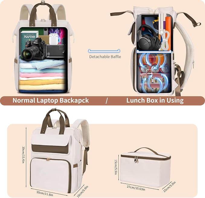 BERTASCHE Lunch Backpack for Women, 15.6 Inch Laptop Backpack with Insulated Cooler Lunch box, Nurse Backpack for Teacher Work Travel College Picnic, Beige
