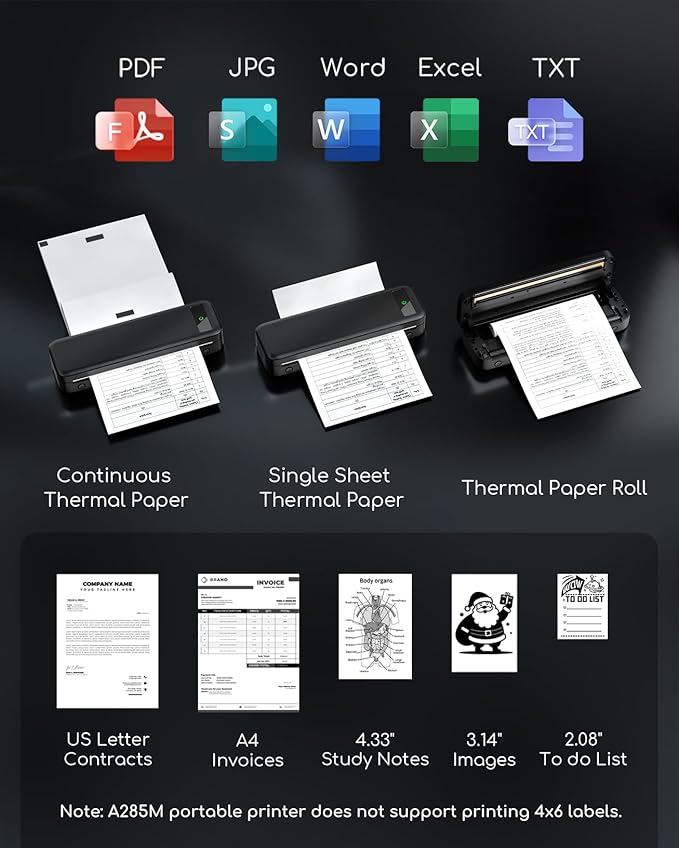 Portable Printers Wireless for Travel, A285M Bluetooth Inkless Thermal Printer Support 8.5" X 11" US Letter, Mobile Printer for Phone Laptop, with Case & 4 Rolls Thermal Paper, for Home Office Receipt