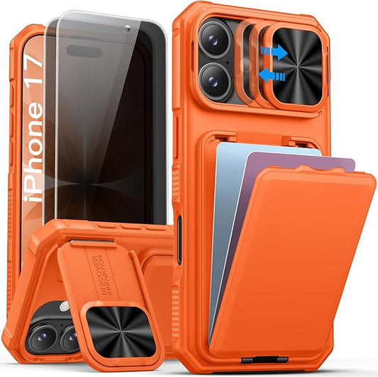 SSLOTSCASE for iPhone 17 Case with 2X Privacy Screen Protector, Hidden Card Holder & Camera Stand & Kickstand & Slide Camera Lens Cover & Wallet, Hard Phone Case Cover for iPhone 17 6.3'', Orange
