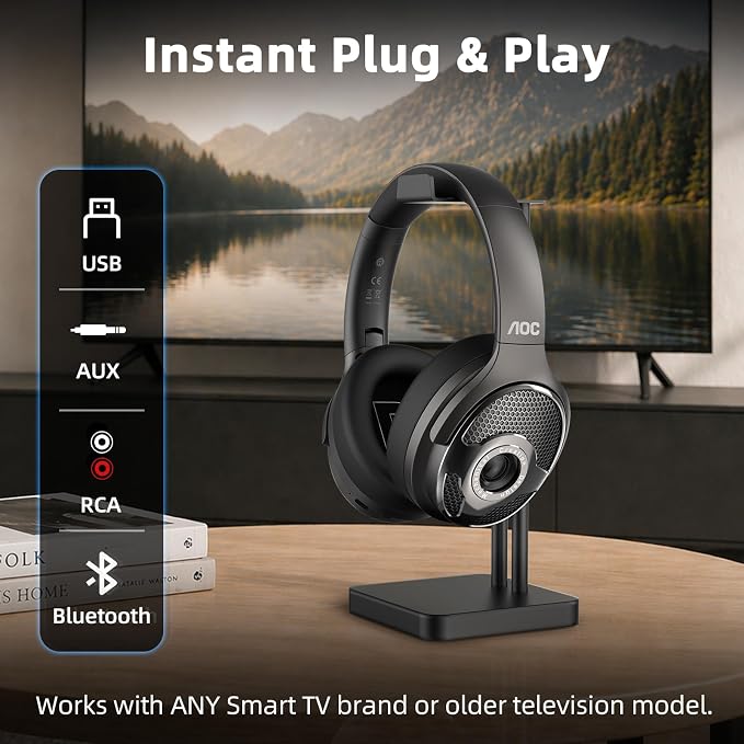 AOC Wireless Headphones for TV, TV Headphones Wireless for Seniors, 2.4GHz Plug and Play Transmitter for No Audio Delay, 48H Battery Over Ear Headset with Bluetooth 5.4
