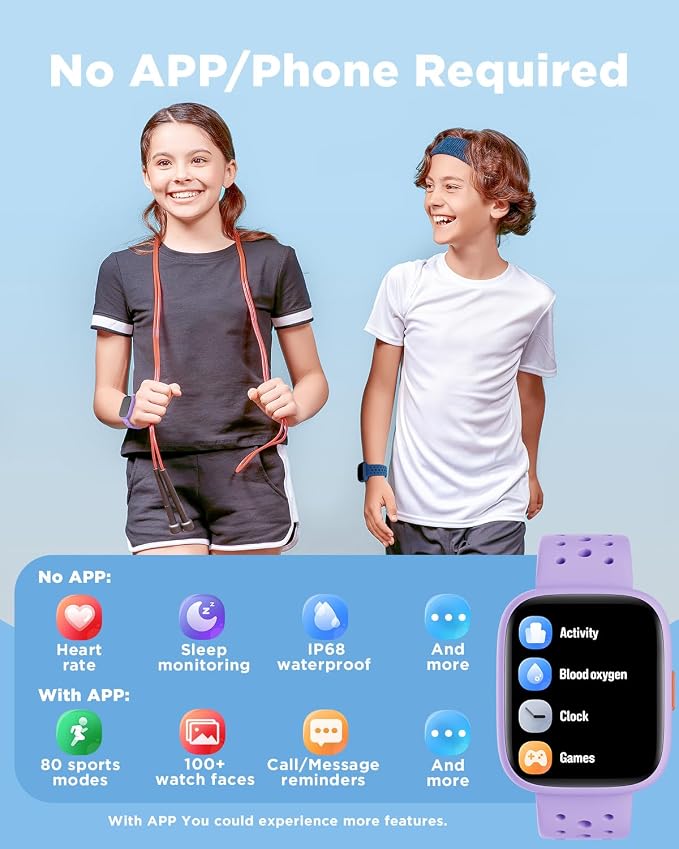 BIGGERFIVE Smart Watch for Kids No APP No Phone Needed, 1.8" Fitness Tracker Watch Pedometer, Heart Rate, Sleep Monitor, IP68 Waterproof, Step Counter, Puzzle Games for Girls Teens 5-16, Lilac
