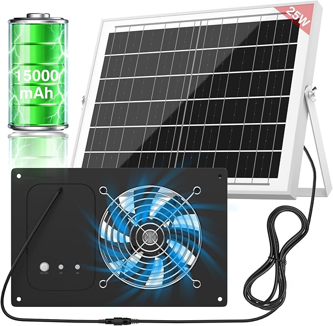 Solar Powered Fan with 15000mAh Battery & Timer, 25W 3500RPM High-Speed Solar Exhaust Fan, Low Noise Waterproof Ventilation for Chicken Coop, Greenhouse, Shed & Pet House