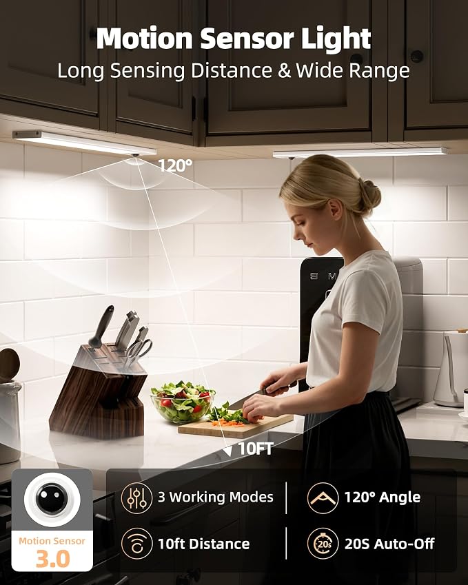 EZVALO 10-inch Under Cabinet Lighting Wireless with Battery Indicator, 2000mAh Rechargeable Motion Sensor Light Indoor, 80 LED Under Counter Lights for Kitchen Closet, 3 Color Temps, Dimmable - 6 Pack