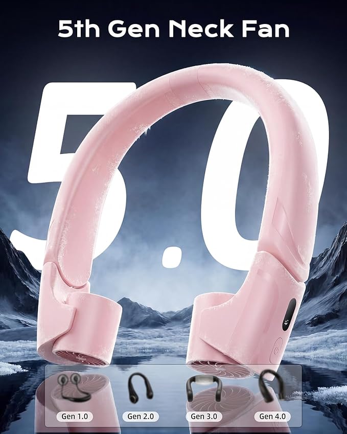 ChillGo 5th Gen Neck Fan with Dual Motor 200% Strong Airflow - 8000mAh Portable Fan, Personal Fan with Adjustable Airvents,Quick Charging,4 Speeds, Cooling Fan for Travel, Gift for Father Women,Pink