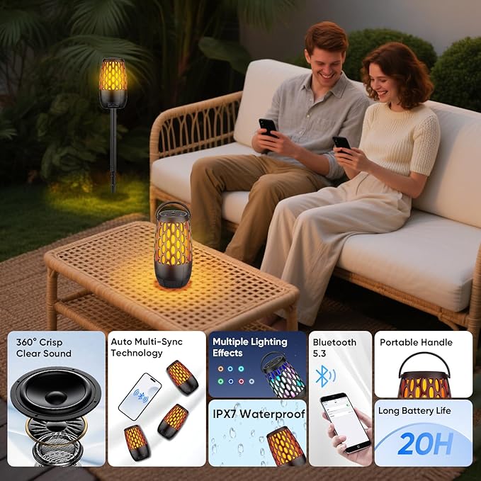Outdoor Speakers, Portable Wireless Speaker with Flame Lights, Multi-Sync up to 100 Speakers Auto-Pairing HD Stereo Sound Waterproof, Hook for Patio Yard Porch, Gifts for Men Women