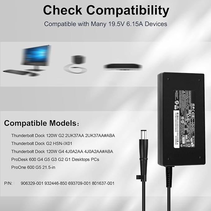 120W Charger Compatible with HP Thunderbolt G4 120W Dock 4J0A2AA HSN-IX01 L56786-003 L57117-001 TPN-DA19 7.4 * 5.0mm Connector