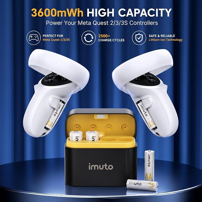 imuto for Meta Quest 2/3/3S Controller Accessories Rechargeable aa Batteries with Charger, 3600mWh aa Lithium Batteries 4 Pack, 4 Slot Storage case Lithium Battery Charger, 1.5V 2A Output