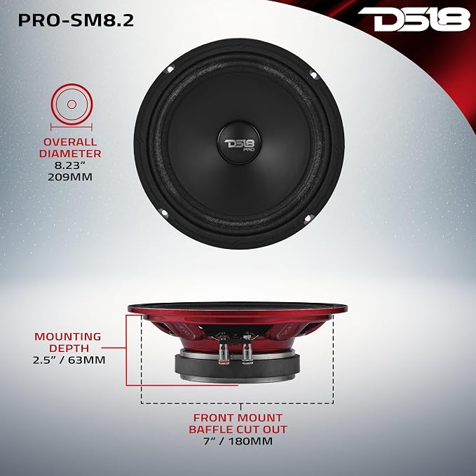 DS18 PRO-SM8.2 8" Slim Loudspeaker – 8”, Midrange, Red Steel Basket, 500W Max Power, 250W RMS, 2 Ohms - Premium Quality Audio Speakers – IP66 Water Resistance, Perfect for Motorcycle Applications