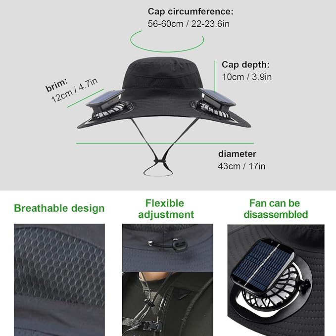 Solar Fan Hat,Wide Brim Solar Fan for Men Women, Mens Sun Hat with 2 Fan, Waterproof Outdoor Hiking Camping Fishing Hat Black