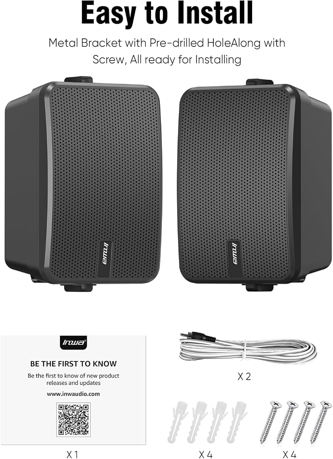 Inwa 6.5" Outdoor Passive Speakers, 50W Each Weatherproof Wall Mount Speaker, Wired PA System with Full-Range Sound, Includes Brackets for Pool, Patio, Garage & Indoor Use (Pair, Black)
