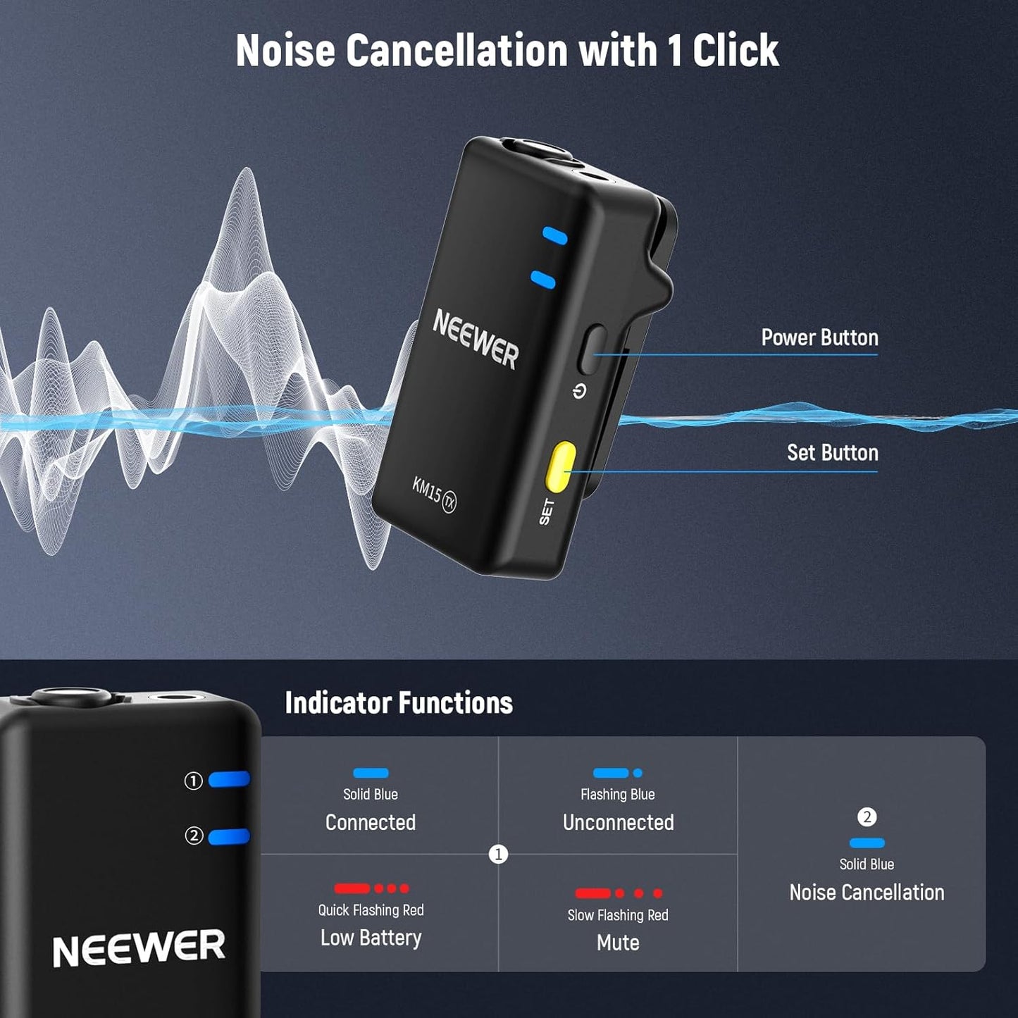 NEEWER KM15 Wireless Lavalier Microphone System Compatible with iPhone Android Phone PC Computer, Mini USB C Noise Cancelling Lapel Mic, 300m Range 48KHz/24Bit 9H Battery for Video Recording Streaming