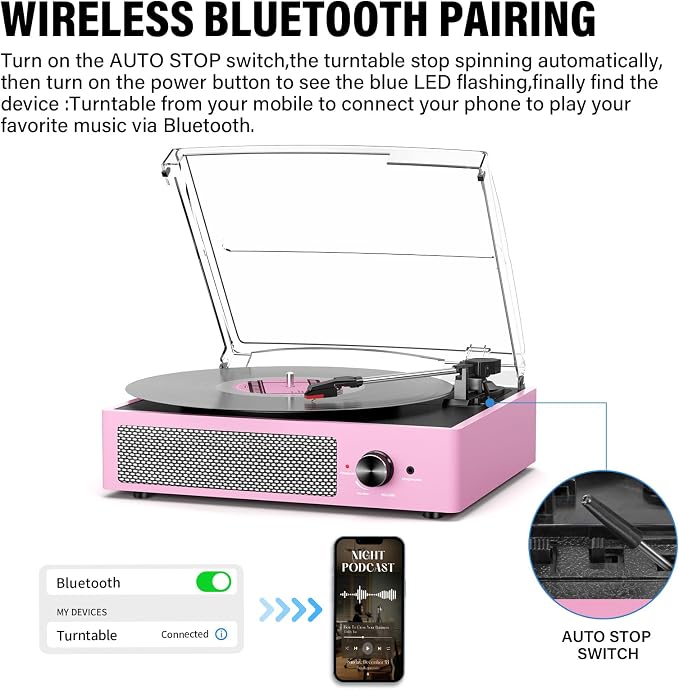 Vinyl Record Player with 2 Stereo Speakers Belt-Driven Vintage Turntables 3 Speed 3 Size Wireless Bluetooth Playback AUX-in RCA Out Headphone LP Vinyl Players Auto Stop Pale Pink