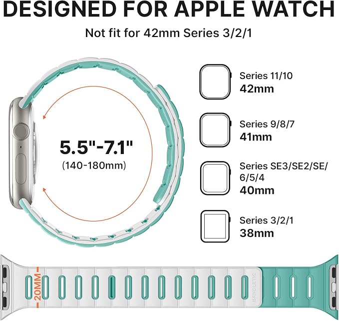 Bandletic Reversible Magnetic Band Compatible with Apple Watch 42mm(Series 11 10) Men Women 41mm/40mm/38mm, Strong Magnet Wristbands Soft Silicone Straps for iWatch Series 9 8 7 6 5 4 SE3 SE2 3 2 1