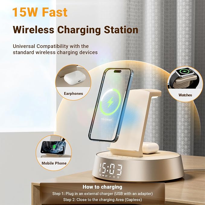Alarm Clock with Wireless Charging Station, Clock for Bedroom with Night Light Bluetooth Speaker, Wireless Charger Dock Station for iPhone 17 16 15 14 13 12 Pro Max, Apple Watch 11, AirPods 3 (Beige)