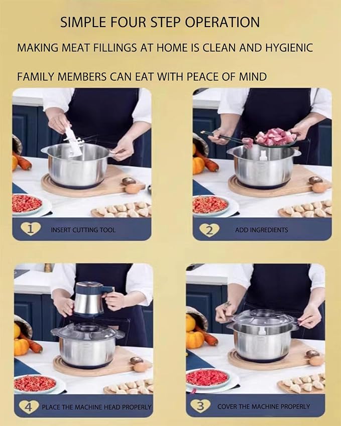 5L Electric Meat Grinder and Chopper, 500W Stainless Steel Processor with 5 Speeds, 6 Blades, Safety Lock, Overheat Protection, for Meat, Vegetables, Garlic, Nuts and Purees