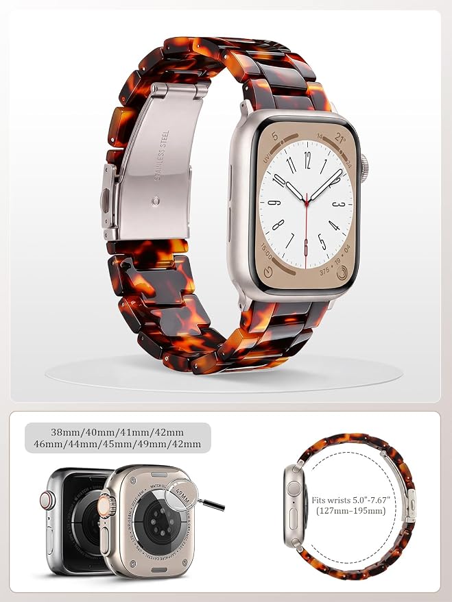 V-MORO Resin Band Compatible with Apple Watch Series 11/10/9/8/7 46mm 45mm 44mm 42mm Lightweight Fashion Strap for iWatch Ultra 49mm Series 6/5/4/3/2/1/SE with Metal Buckle Wristband Women Men(Tortoise)