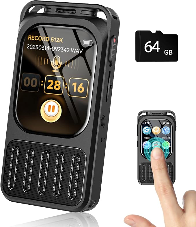 64GB (900Hours) Digital Voice Recorder with 2" Touchscreen & Bluetooth, XIXITPY 3072Kbps HD Dual Mic Recording Device with Playback, Password, A-B Repeat, MP3 for Lectures, Meetings, Interviews