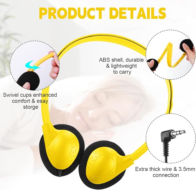 Konohan 30 Pack Headphones Bulk Headphone for School Classroom Student Wired Headphones Adjustable with 3.5 mm Jack for Adults (Yellow)