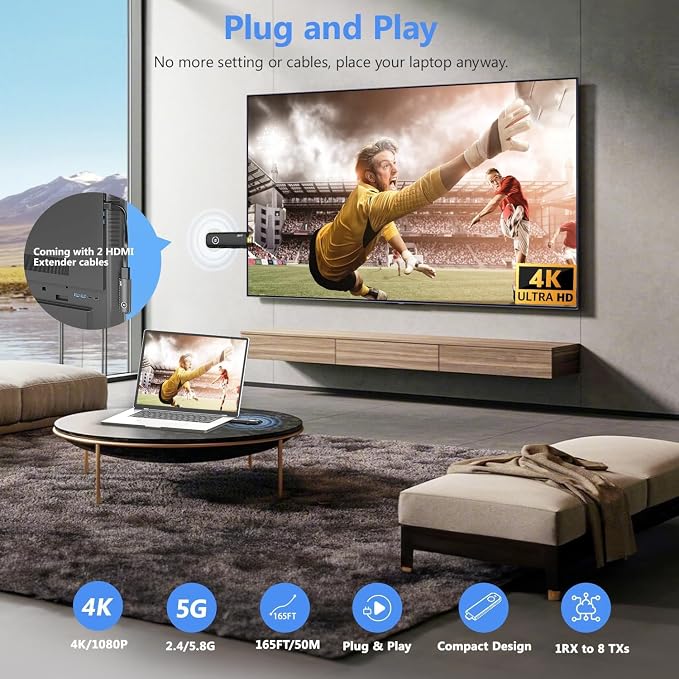 2026 Upgraded Wireless HDMI 4K Transmitter and Receiver 1080P HD, Portable Plug & Play Wireless HDMI Extender Kit for Casting Video Audio from Laptop/TV Box/Camera to Monitor/HDTV/Projector-328ft/100m