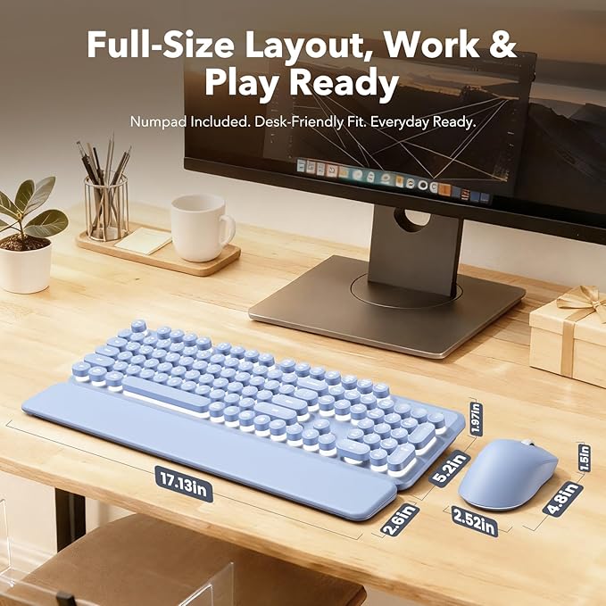 Wireless Keyboard and Mouse Combo, Backlit Round Keycaps, Retro Typewriter Keyboard with Detachable Wrist Rest, Rechargeable & Tilt Legs, 2.4GHz Cordless Connection for Windows/PC (Glowing Purple)
