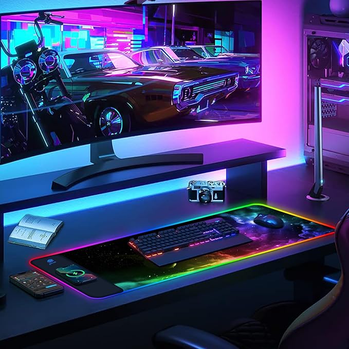 AIMSA Wireless Charging RGB Gaming Mouse Pad 15W, Extended LED Desk Mat Protector 800x300x4MM, 14 Light Modes Extra Large Mousepad Non-Slip Rubber Base Desk Mat, Nebula Universe