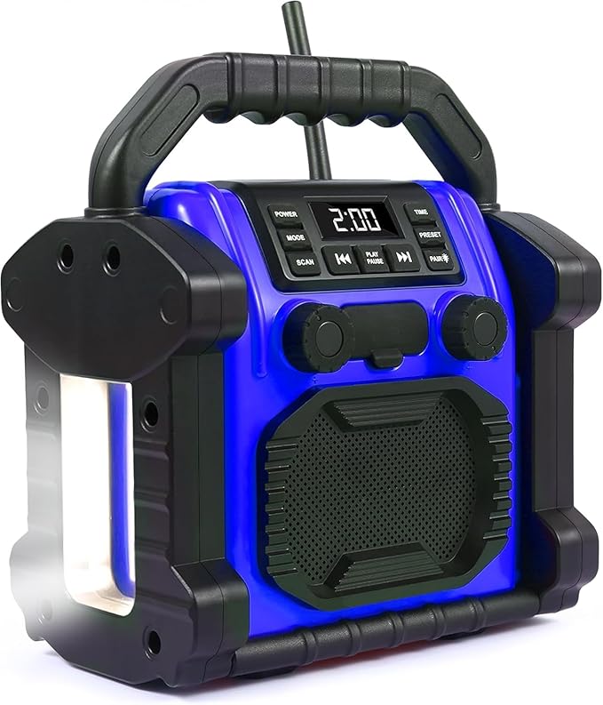 Outdoor Radios Waterproof Bluetooth Speaker, 30W 8000mAh Battery FM Clock Radio,Portable with LED Lights，Anticollision FM Radios for Outdoor/Workshop/Garage (Blue)