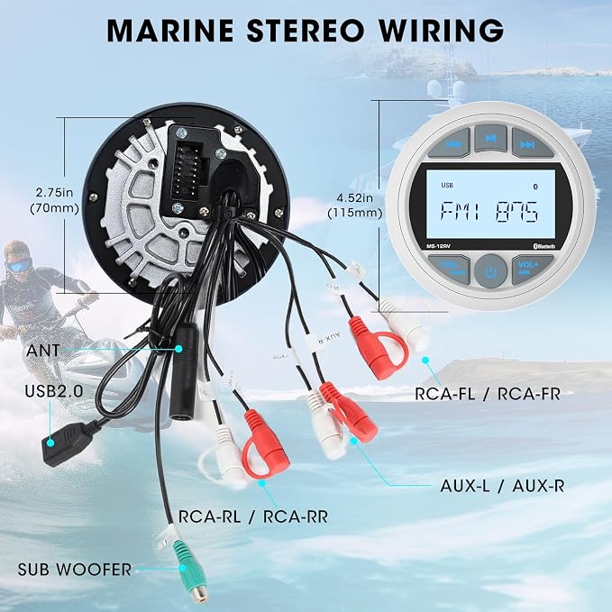 Bluetooth Marine Stereo Receiver: Waterproof Gauge Radio System - Digital MP3 Player 2.8 Inch LCD Display AM FM USB AUX Subwoofer for Boat ATV UTV Off-Road Vehicles