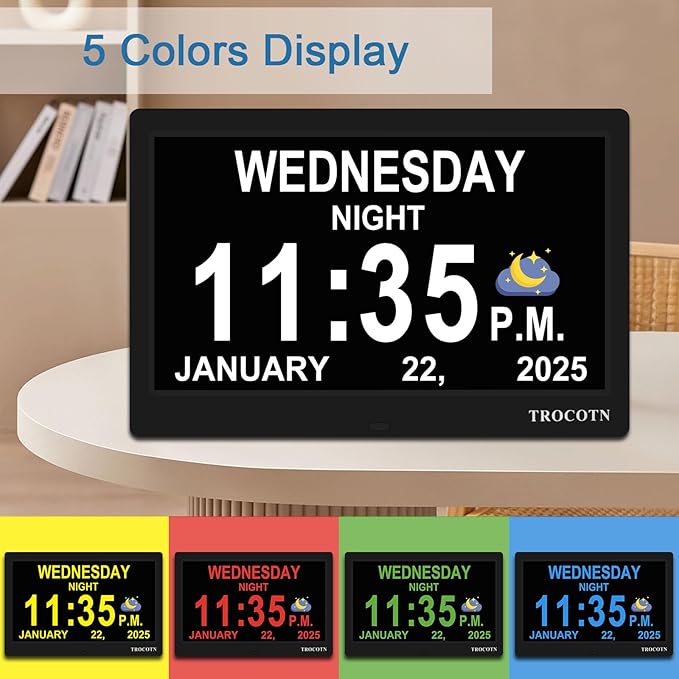 TROCOTN Dementia Clocks, Large Display Calendar Alarm Clock with Auto DST for Seniors, 5 Display Modes Large Font Digital Clock with Custom Alarms Day Date Clocks. (10 Inch Black)