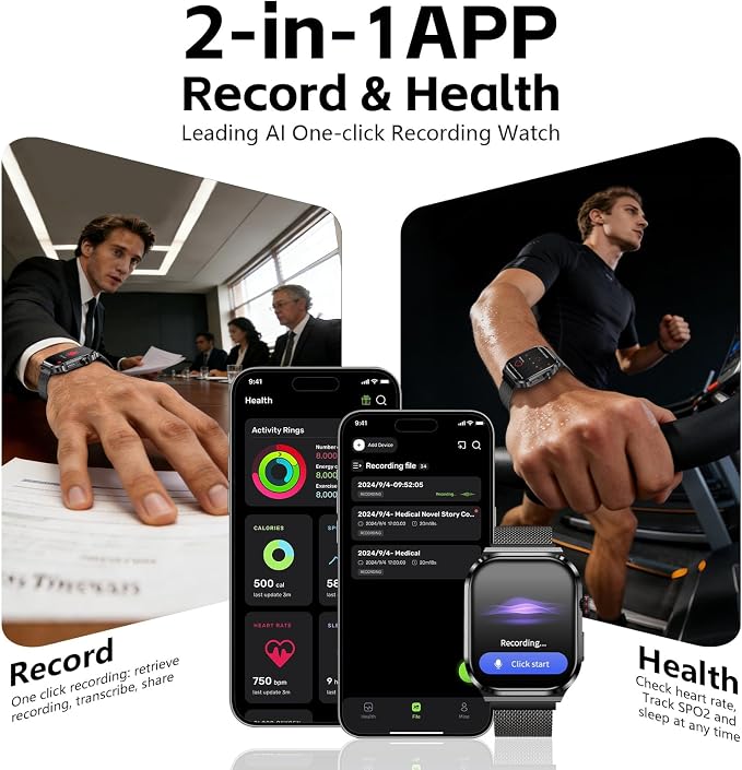 AI Smart Watch with Voice Recorder, Transcribe & Summarize with AI for Meetings, App Control, Supports 135 Languages, 2.13" AMOLED Display, Health, Fitness & Sleep Tracker, 80+ Workout Modes, Black