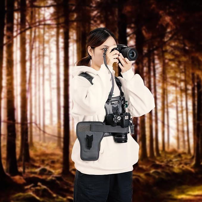 FOMITO Dual Camera Chest Harness System, Professional Photography Vest with Side Holster, Gray