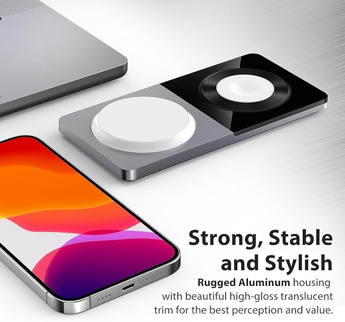 PETINO 3 in 1 Wireless Charging Station for Apple Devices with MagSafe | For iPhone 17/Air/16/15/14/13/12, AirPods & Apple Watch, Foldable Portable Aluminum Charging Stand, Adapter Included