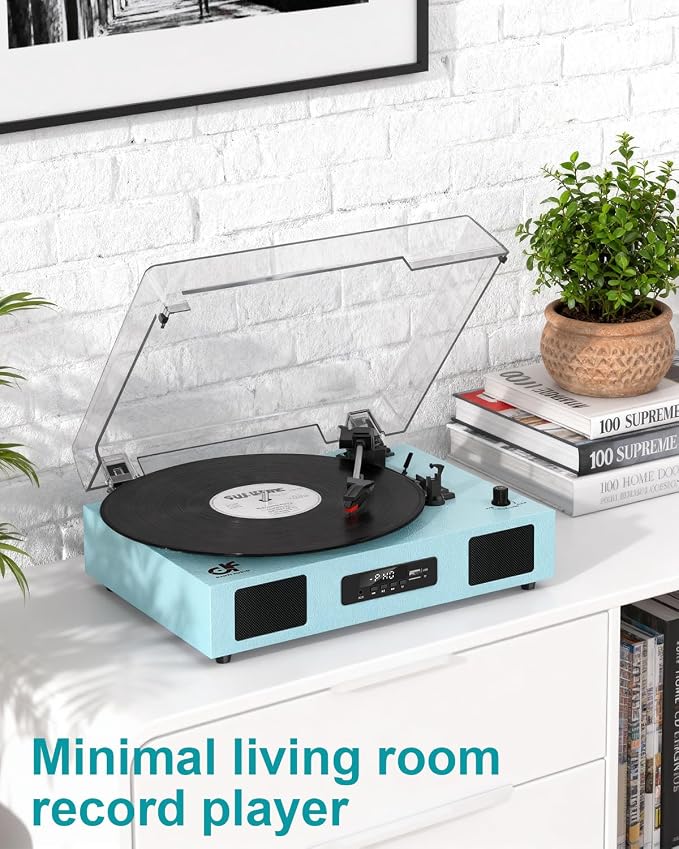 Vinyl Record Player with Bluetooth, 3-Speed Belt-Drive Turntable with Built-in Speakers, USB Recording, RCA/AUX/Headphone Jack, Classic Blue Record Player