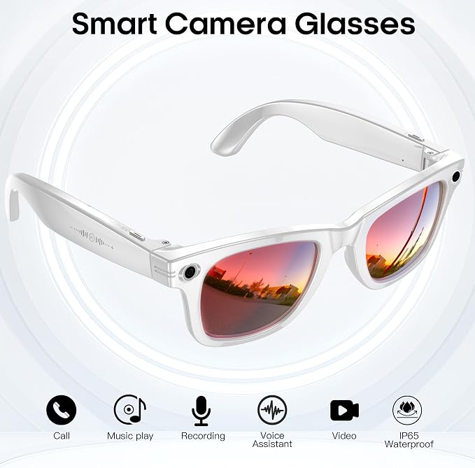 AI Smart Camera Glasses for Men Women, 4K Photography,1080P HD Video Recording,Real-Time Translation, Open-Ear Audio,Voice Assistant, Lightweight (White Frame-Red Lens)