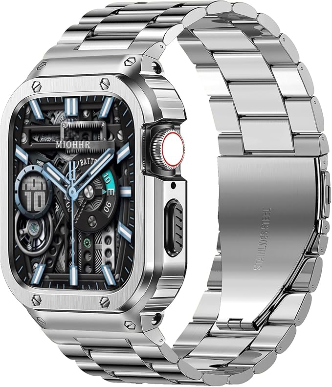 MioHHR Stainless Steel Band and Case Compatible with Apple Watch Band 44mm 42mm (Series 3/2/1), Men Metal Protective Bumper Cover for iWatch Series 6/5/4/3/2/1/SE/SE2/SE3, Silver