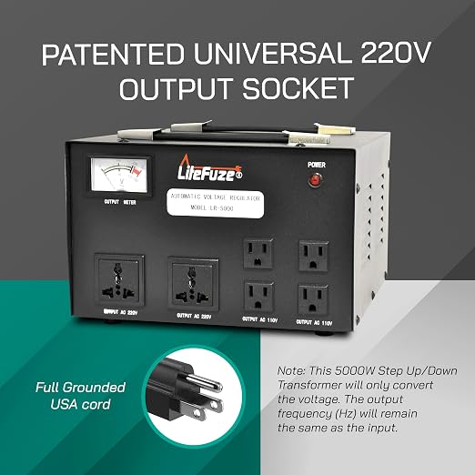 LiteFuze 5000 Watt Voltage Transformer Converter with Builtin Regulator - Step Up/Down - 110V/220V - Circuit Breaker Protection [5-Years Warranty]