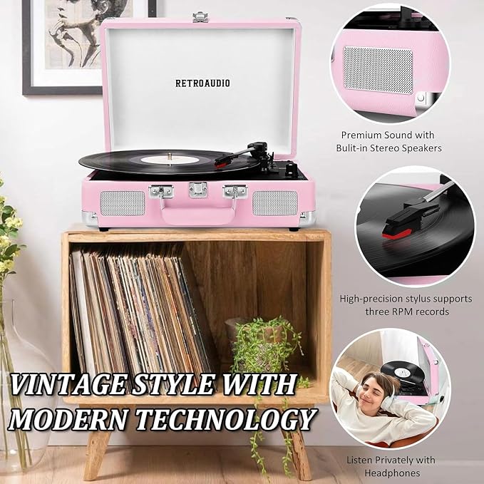 Vinyl Record Player with Built-in Speakers 3-Speed Vintage Record Player Bluetooth Portable Suitcase Turntable Belt-Driven LP Player Support RCA Output and Headphone Output (Pink)
