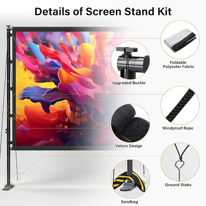 Outdoor Projector Screen with Stand 100 Inch, 16:9 Portable 4K HD Indoor Movie Screen, Large Double-Sided Washable Screen with Carry Bag, Sandbags for Backyard, Camping, Home Theater