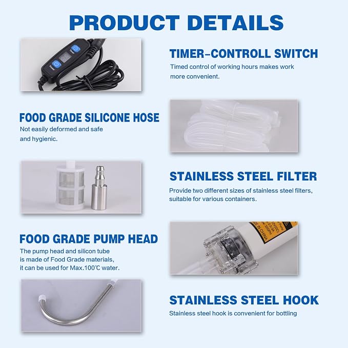 Food Grade Electric Water Transfer Pump 110V With Timer Controlled for Ice Maker,Coffee Machine,Water Dispenser,Auto Siphon Self Priming Pumps for Bottling Wine,Beer and Kombucha,2L/Min,Low Noise