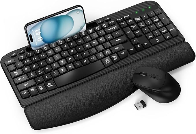 Wireless Keyboard and Mouse Combo, Full-Sized Ergonomic Wave Keys Keyboard with Memory Foam Wrist Rest & Phone Holder, 2.4G Quiet Keyboard Mouse Work Setup for PC Laptop, Office or Home (Black)