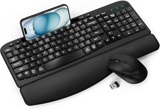 Wireless Keyboard and Mouse Combo, Full-Sized Ergonomic Wave Keys Keyboard with Memory Foam Wrist Rest & Phone Holder, 2.4G Quiet Keyboard Mouse Work Setup for PC Laptop, Office or Home (Black)